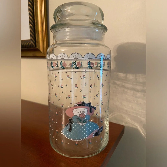 Vintage 1988 CHD Anchor Hocking Country Cat Glass Jar Canister Kitty Rose Lace - Picture 1 of 12